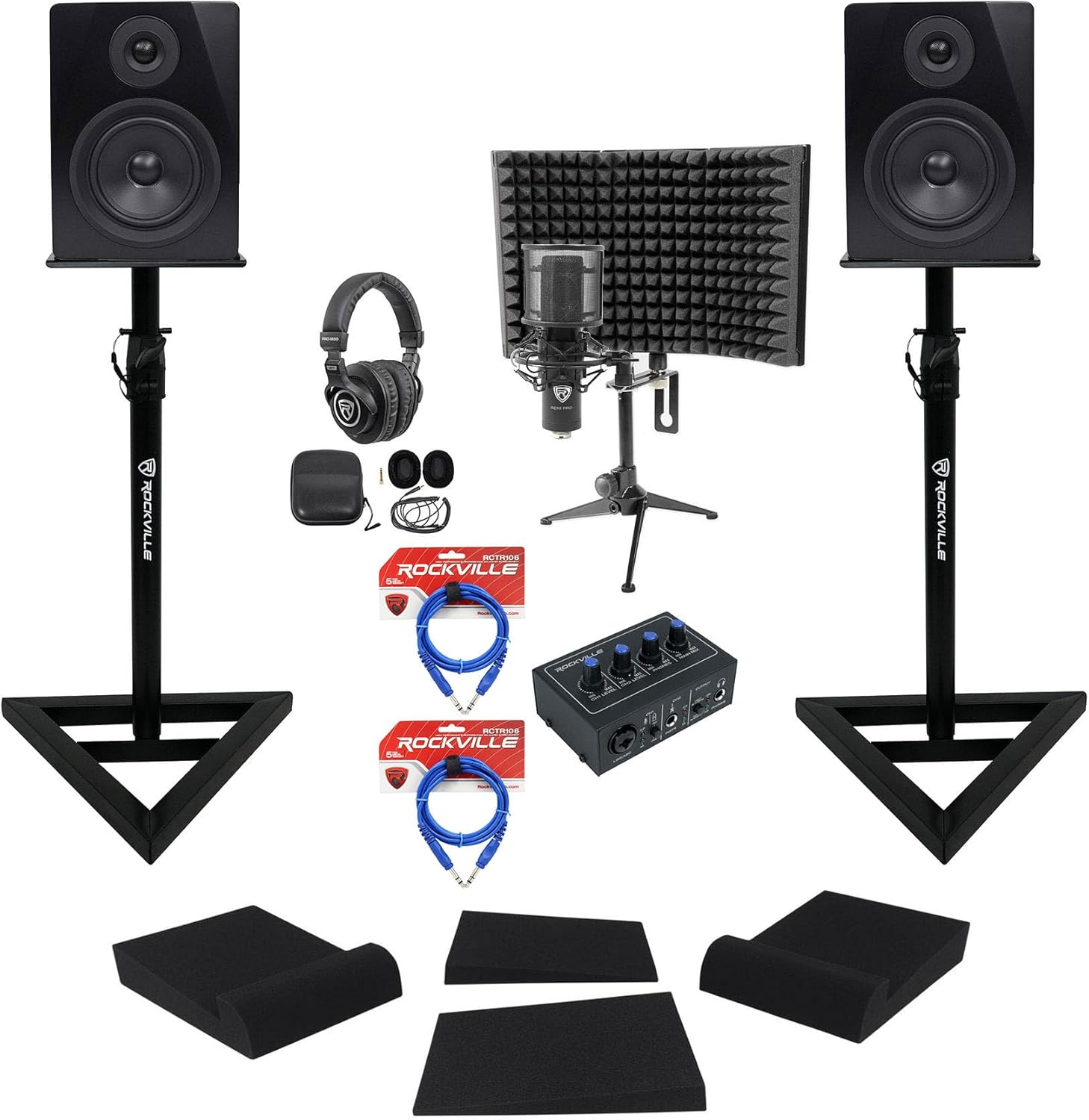 Rockville ROCK-U MINI Recording Interface Bundle with RCM PRO Mic, PRO-M50 Headphones, (2) APM5B Speakers, RVSM1 Stands, RockShield 1 Isolation Shield, (2) RRS190S Pads & (2) RCTR106B Cable(8 items)