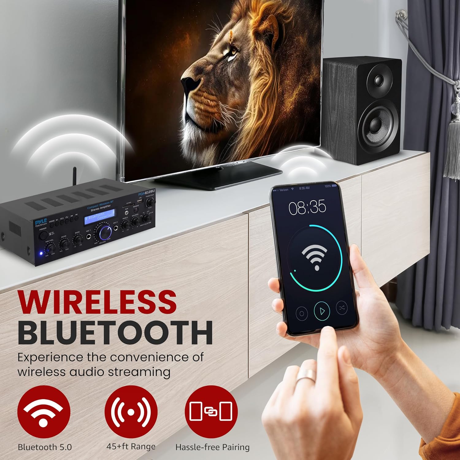 Pyle Compact Bluetooth Stereo Amplifier - 200 Watt Desktop Audio Power Amp Receiver with FM Radio, MP3/USB/SD Readers, Digital LCD Display, Microphone Input - Pyle PDA612BU