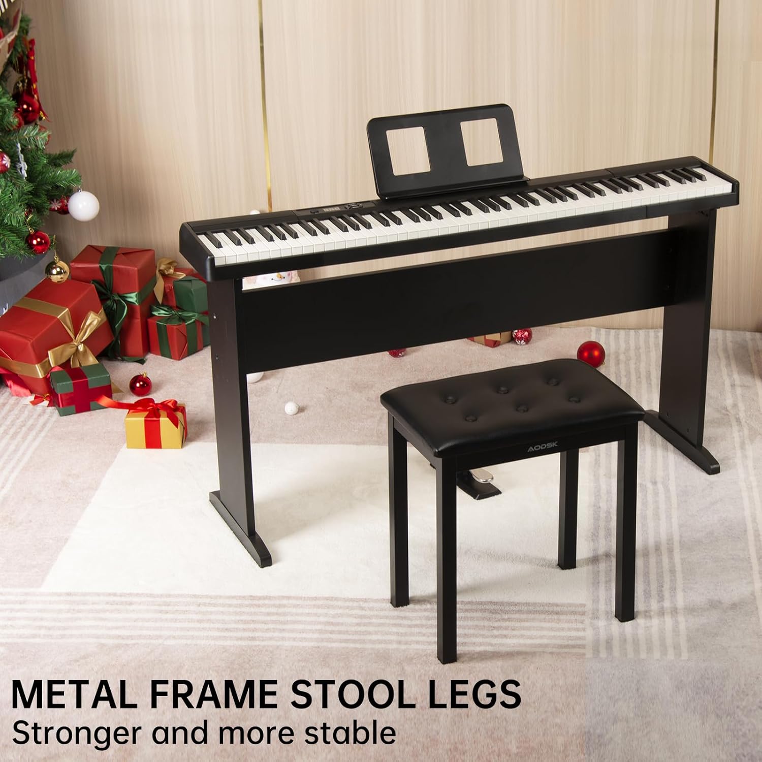 AODSK 88 Key keyboard piano, Portable Digital Piano with Wooden stand Set+Piano Bench with Padded Cushion,Keyboard Bench