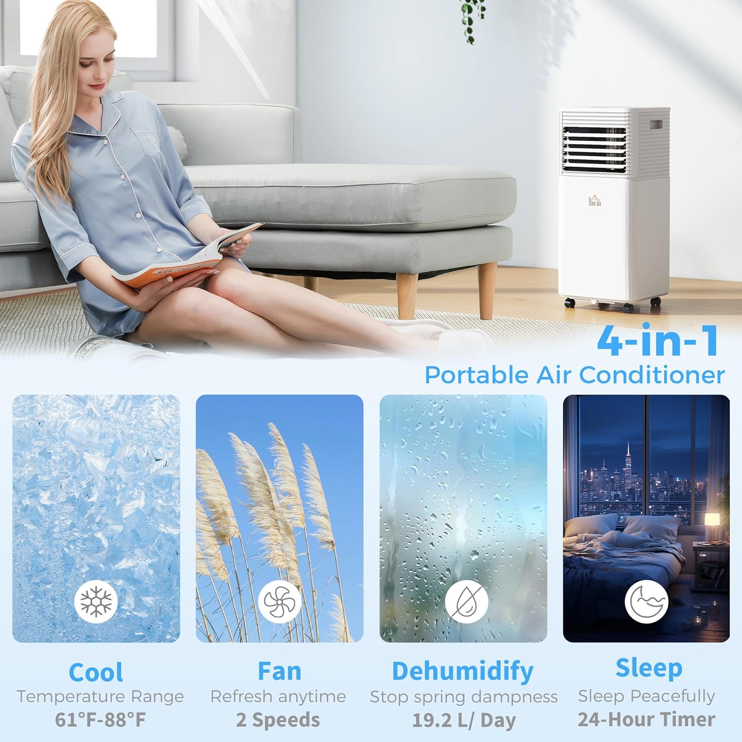 HOMCOM 10000 BTU Mobile Portable Air Conditioner for Rooms Up to 441 Sq.Ft., 3-in-1 AC Unit with Dehumidifier, Cooling Fan, Remote, 24H Timer, LED Display, Window Installation Kit, White