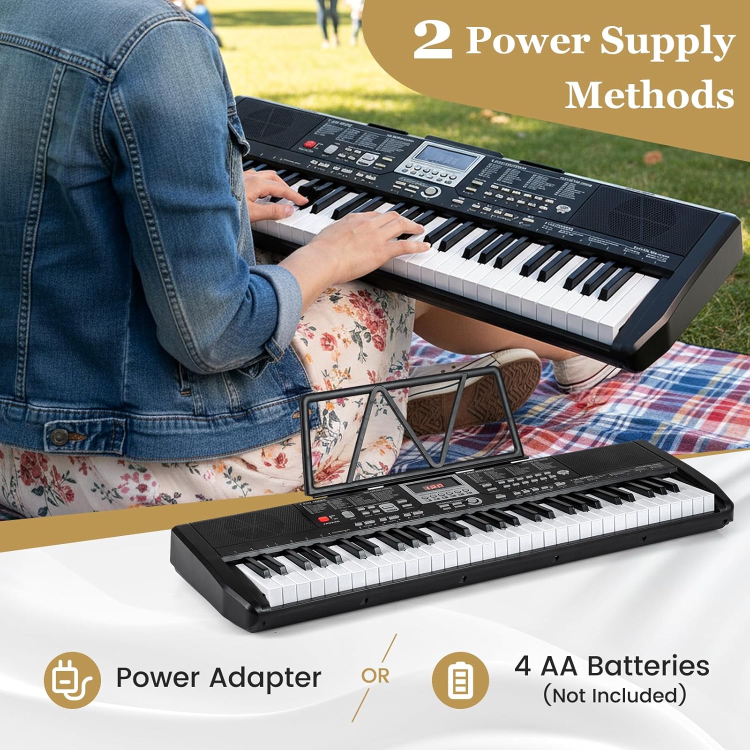 Costzon 61 Key Piano Keyboard, Electric Digital Piano with Stand & Bench, Lighted Keys, 200 Rhythms/Tones, Headphones, Microphone, Note Sticker, Portable Keyboard Piano for Beginners Adults (Black)