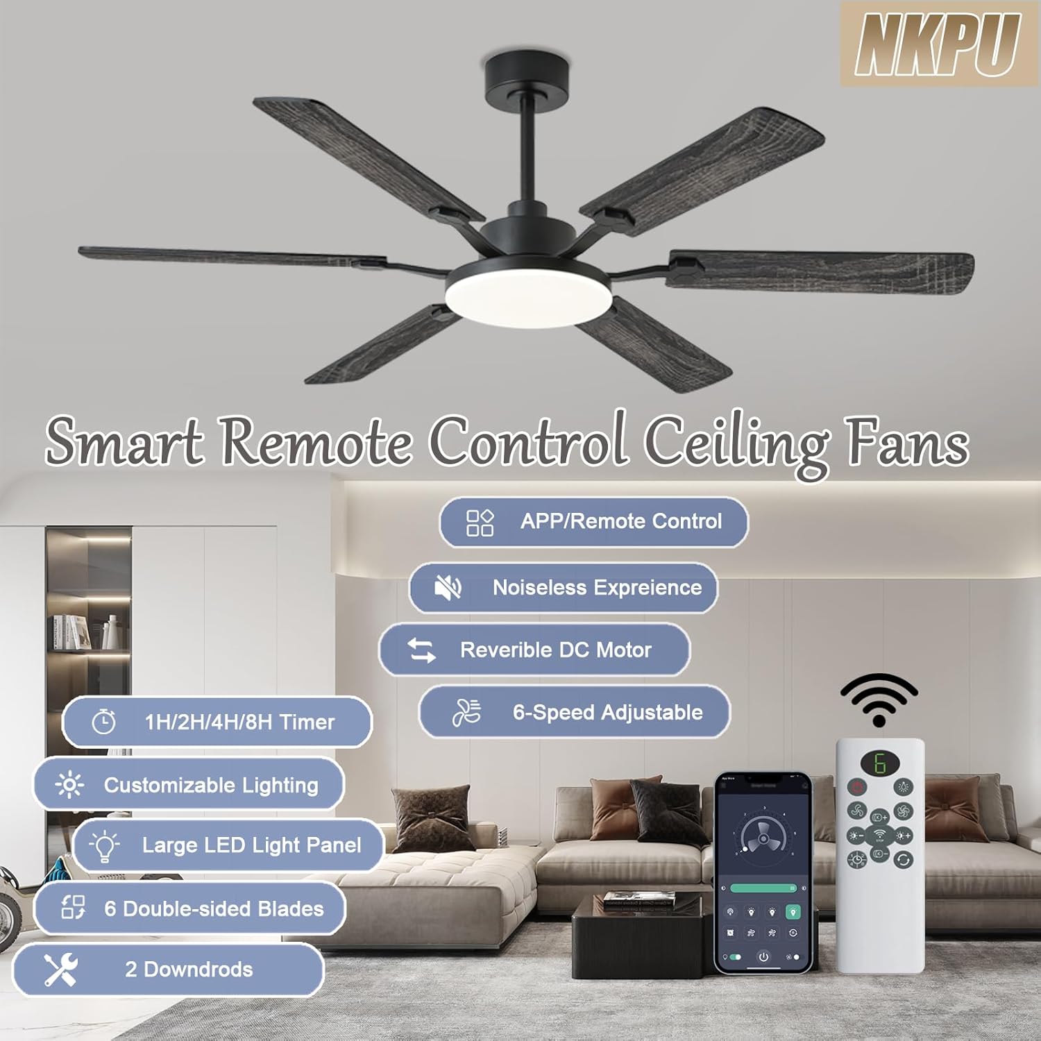 60 Inch Ceiling Fans with Lights, Large Modern Black Ceiling Fan with Light and Remote Control, 6 Double Sided Blades, 6 Speed Reversible Motor, Dimmable LED, Silent Timing, Indoor Outdoor Patio Use