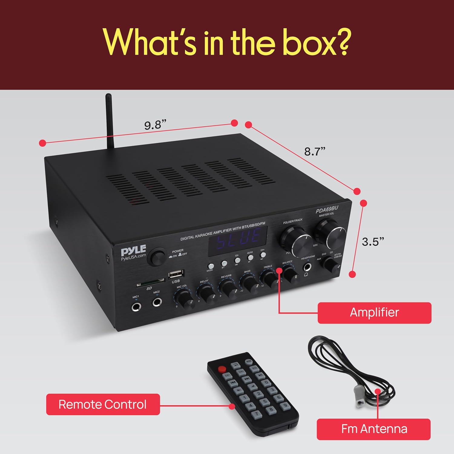 Pyle Stereo Amplifier Audio Receiver with Bluetooth Streaming, 200 Watt Peak, 2.0 Channel HiFi Sound System with MP3/USB/SD/FM Radio, RCA/Aux Inputs, Mic and Headphone Jacks, Rotary Vol Bass Treble