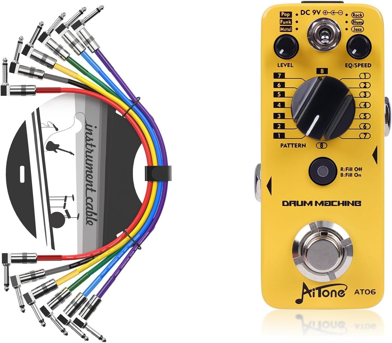 AITONE Drum Machine Guitar Pedal (AT-06) and Patch Cables 6 Pack 1/4