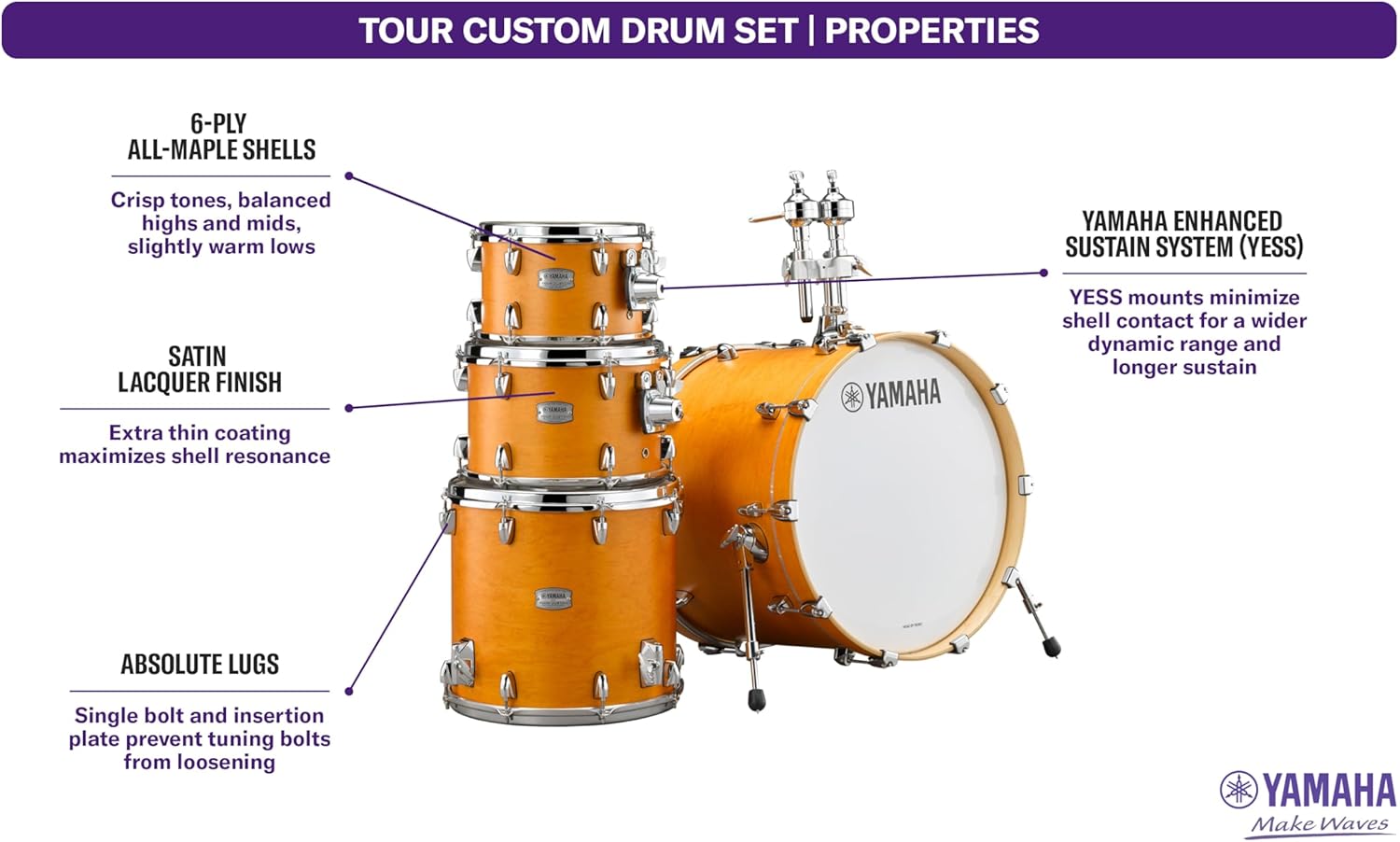 Yamaha Tour Custom Maple 4pc Standard Shell Pack, Caramel Satin