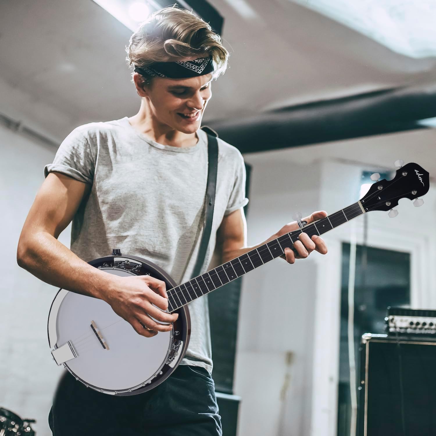 ADM Banjo 5 String Full Size Acoustic Electric Banjoes Set Remo Drum, Geared 5th Pegs Beginner Banjo Kit w/EQ Resonator Open or Closed Back, Starter Package Accessories Online Lessons for Adult,Brown