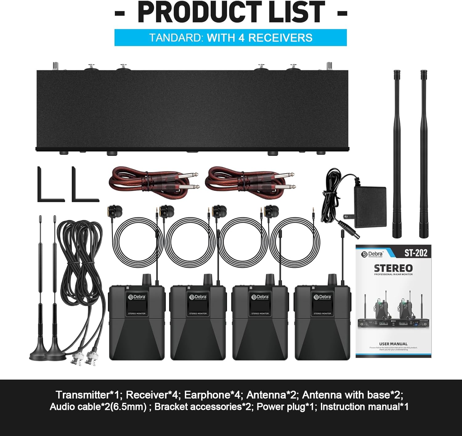 D Debra Audio PRO ST-202 UHF Stereo Wireless in Ear Monitor System, Dual Channel Wireless IEM with Monitoring Type for Stage, Receiver for Studio, Guitar, Band Performance (Dual Channel, 4 Bodypack)