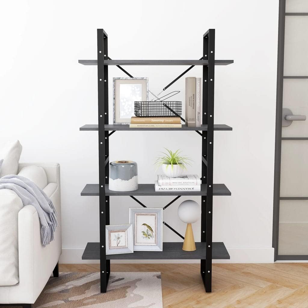 Grey Solid Pine Wood Book Cabinet, 4-Tier Display Shelf, Industrial Modern Bookcase for Living Room, Office, 11.8 x 31.5 55.1 in Home Office