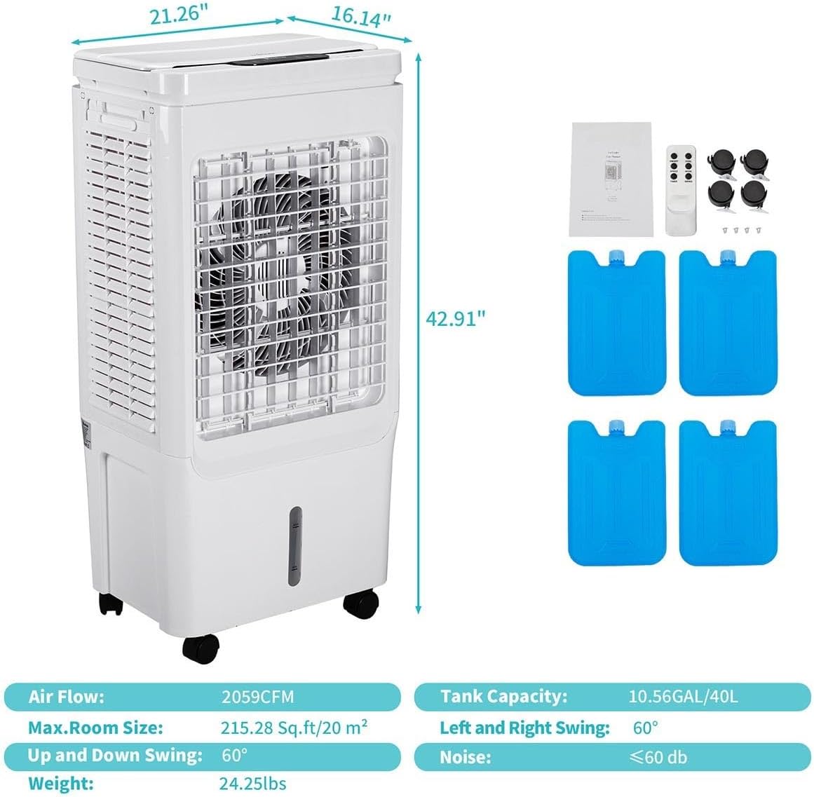 40L Portable Air Conditioner Cools Up to 215 Sq.Ft, Evaporative Low Noise AC Unit with Remote Control Fits 3-Speed Personal Air Conditioner Cooling Fan for Large Room, Office, Garage