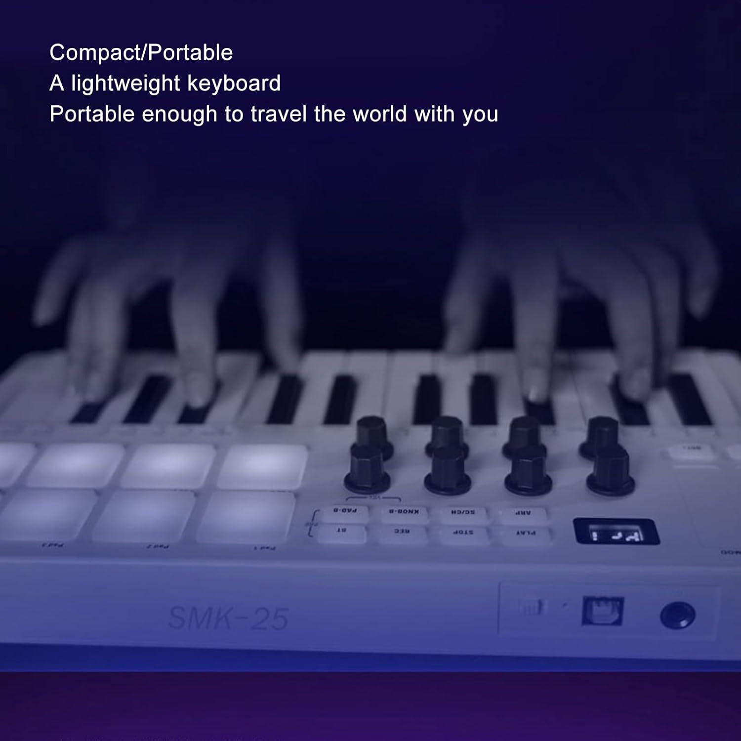 25 Key MIDI Keyboard Controller, 8 Backlit Drum Pads & 8 Assignable Rotary Knobs, Wireless Bluetooth MIDI Controller for Musician Music Production, White