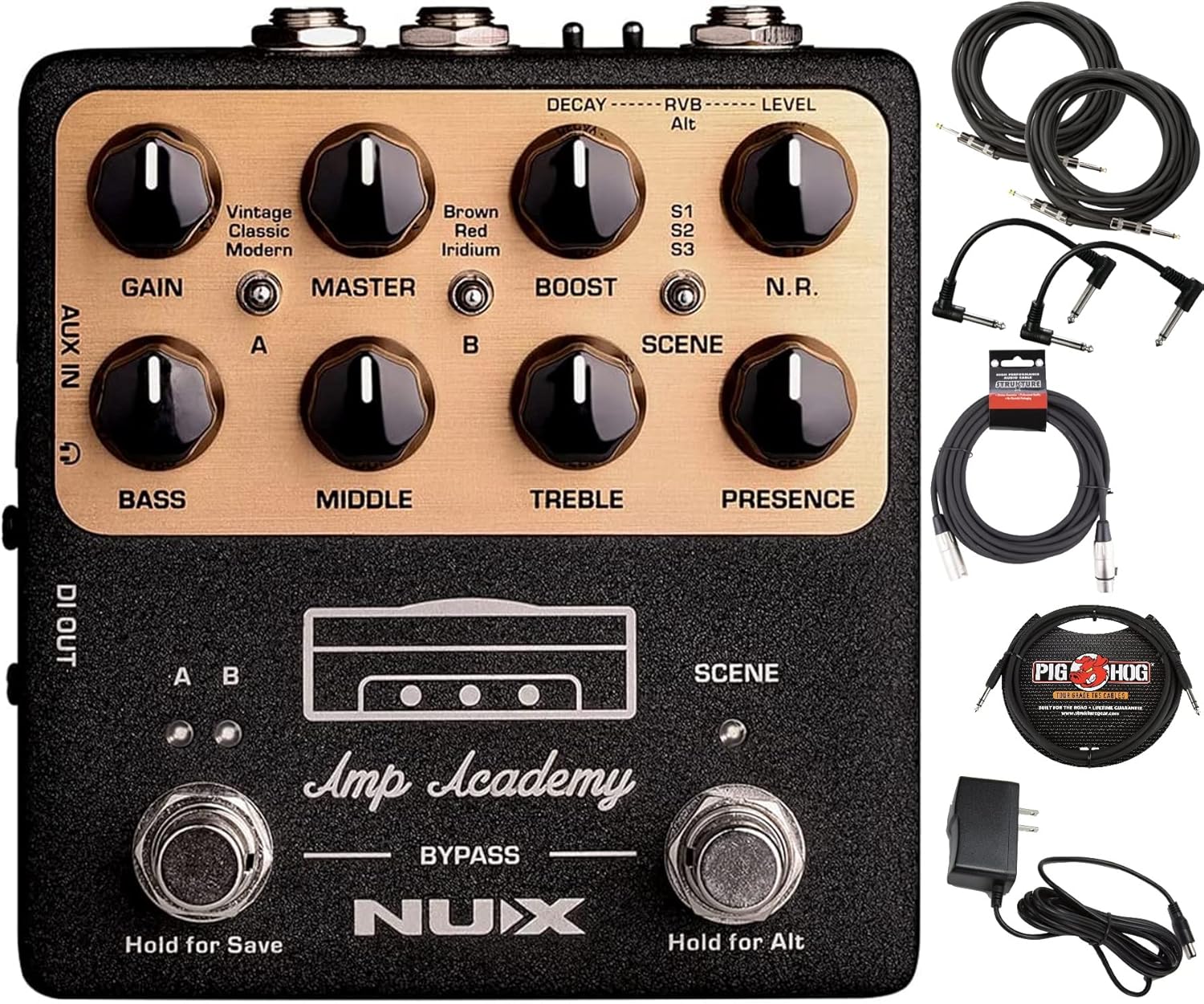 Briskdrop NUX NGS-6 Amp Academy Amp Modeler Guitar Pedal - Bundle with 2 Instrument, 2 Patch, 1/4'' TRS and XLR Cables, Brown,Red