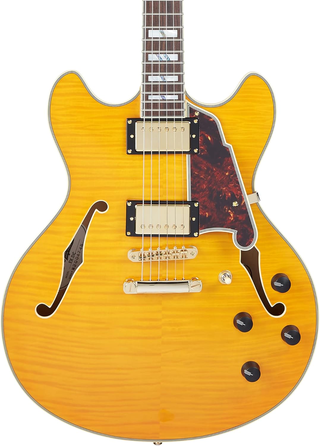 D'Angelico 6 String Semi-Hollow-Body Electrical Guitar, Right, Vintage Natural (DAEDCVNATGS)