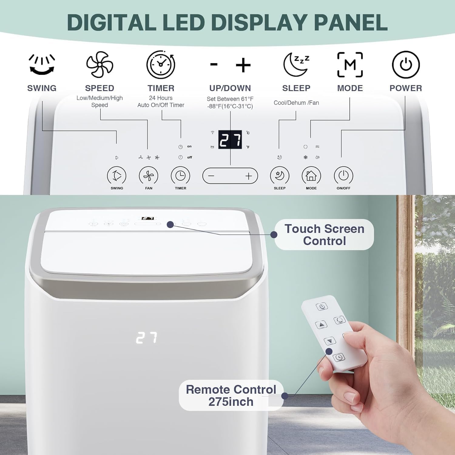 Portable Air Conditioners, 12000 BTU Air Conditioner, 3-In-1 Portable AC with Quick Cooling, Dehumidifying for Rooms Up to 550 Sq.Ft, 3-Speed Fan, 24H Timer, Remote, Ultra-Quiet, White