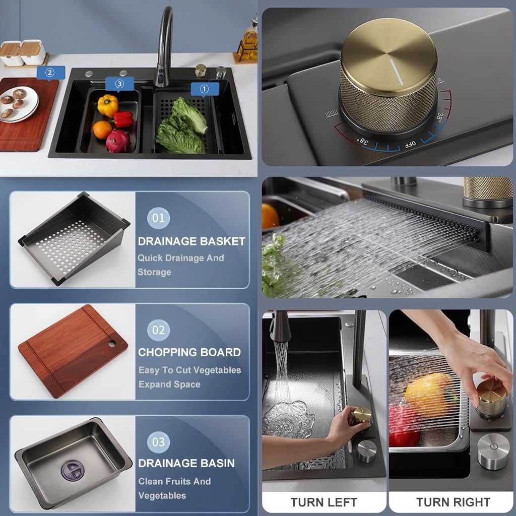 Waterfall Kitchen Sink Single Bowl Stainless Steel Bar Sink with Pull-Out Faucet, Booster Cup Washer Chopping Board and Other Accessories (Color : Black, Size : 80x45x22cm)