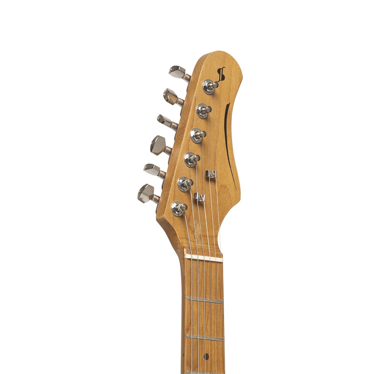 Stagg SES-55 WHB Series 55 Electric Guitar with Solid Paulownia Body l Tempered Maple Neck l 22 Fret Maple Fingerboard l Aged White 3-Ply Pickguard l See through White Blonde Finish