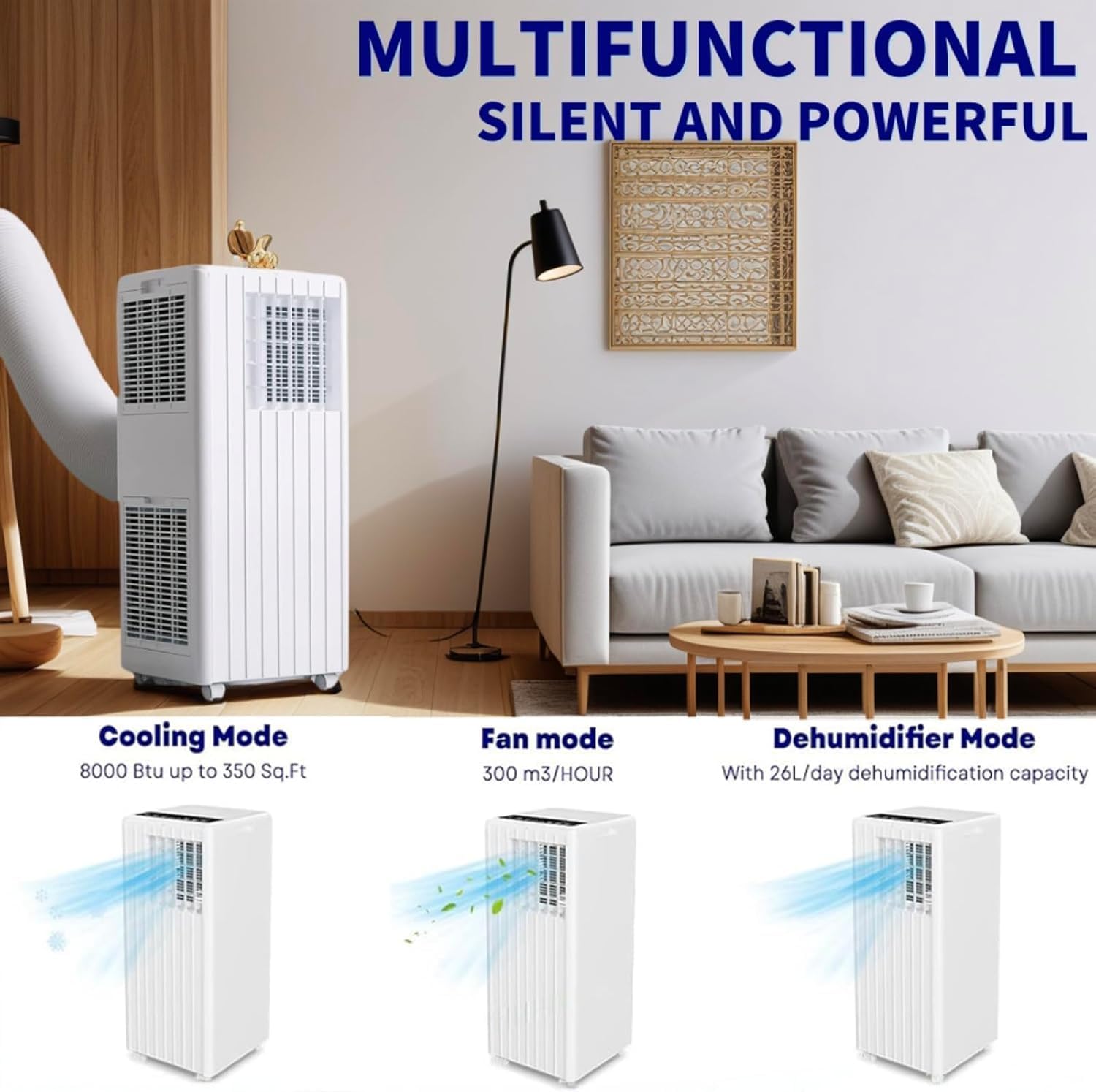 8,000 BTU Portable Air Conditioners - Rooms Up to 350 Sq.Ft - 3-In-1 AC Unit With Dehumidifier (45L/Day) & Fan - Includes Remote Control, 24H Timer & Window Kit - Quiet Operation