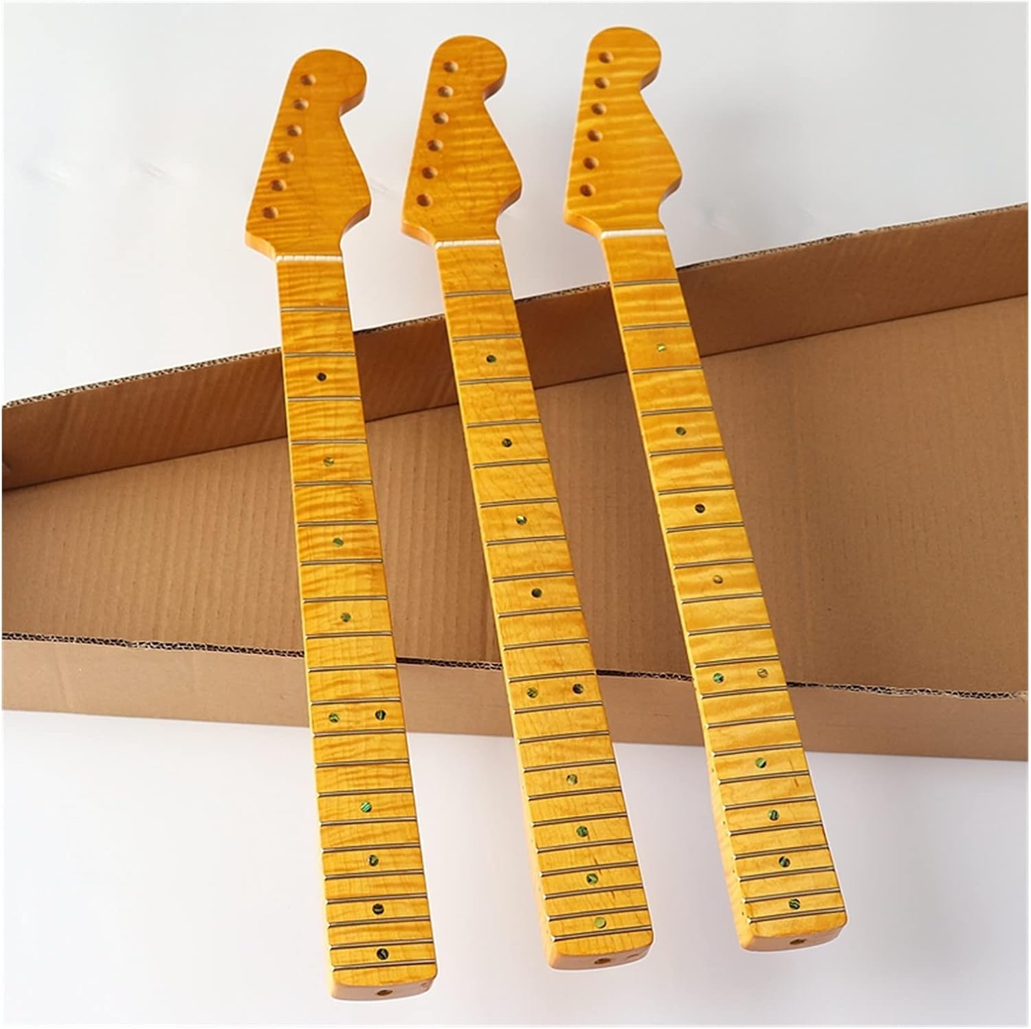 ZUZU Flame Maple Electric Guitar Neck ST Neck Canada Flame Maple Wood High Gloss Finish 21 Frets Yellow Color Unfinished Guitar Neck (Color : 1)