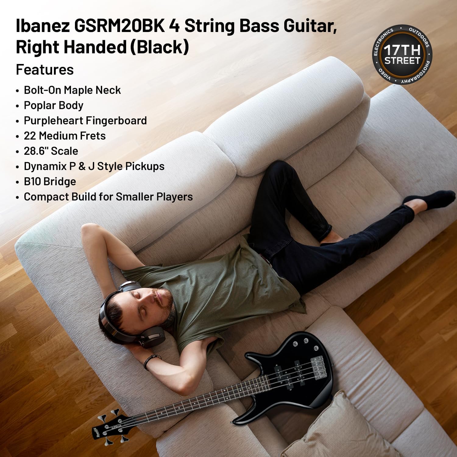Ibanez GSRM20 4-String Solid Body Bass Guitar (Black) - Right Handed Poplar Body Bass with GSF50 Powerpad Strap, 15 Pack Guitar Picks with Storage Box & Microfiber Cleaning Cloth (Bundle Set)