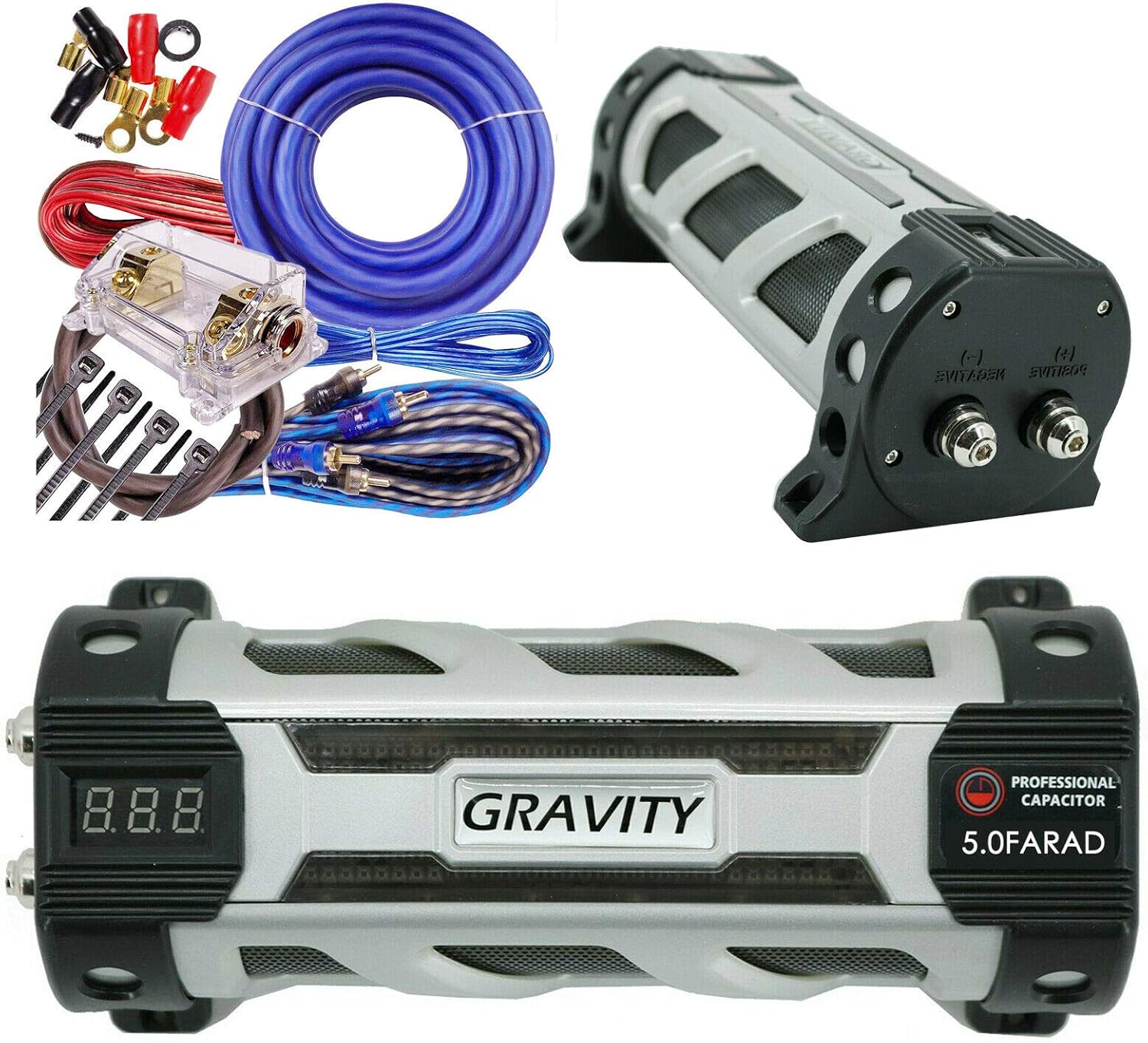 Gravity GR5.0 Car Audio Battery Stiffening Portable Power 5 Farad Capacitor and Completed 5000 Watts 0 Gauge Amplifier Installation Wiring Kit Blue BGC0XLB