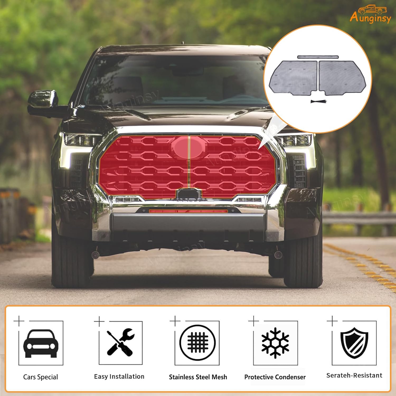 Aunginsy Front Grille Grill Vent Guard Protective Cover Mesh Set Compatible with 2022-2025 Toyota Tundra 1794 Limited Edition Stainless Steel Extend Decoration Accessories, with Supplied Cable Ties