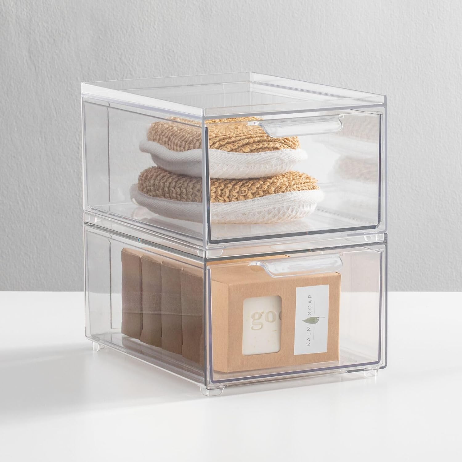 mDesign Plastic Bathroom Organizer Bin w/Pull Out Drawer - Slim Stackable Storage Container for Bathroom Accessories - Perfect for Organizing Bathroom Cabinet - Lumiere Collection - 8 Pack - Clear