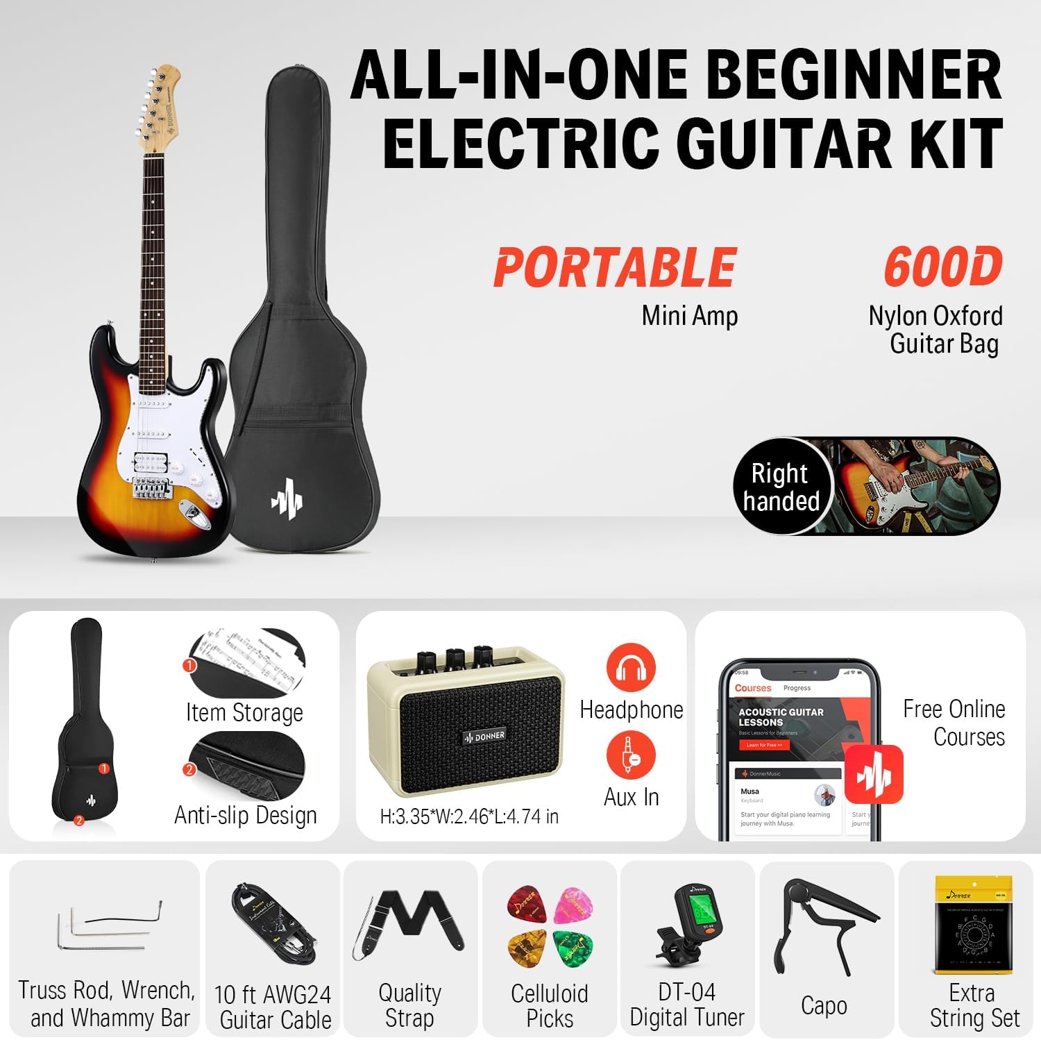 Donner DST-100S 39 Inch Full Size Electric Guitar Kit Solid Body Sunburst, Beginner Starter, with Amplifier, Bag, Capo, Strap, String, Tuner, Cable, Picks