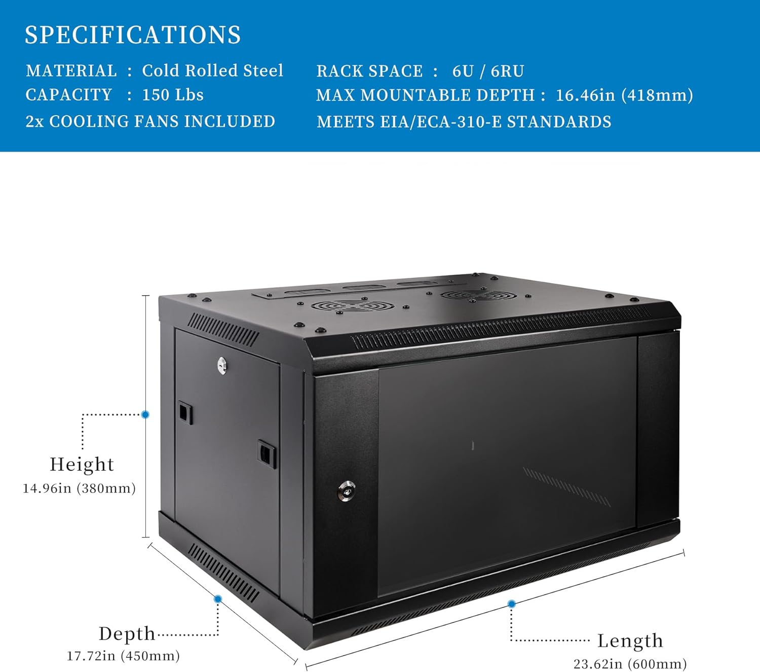 RackPath 6U Professional Wall Mount Server Cabinet Network Rack Enclosure with 2X Quiet Cooling Fan, 1x Brush Cable Management Panel, Black