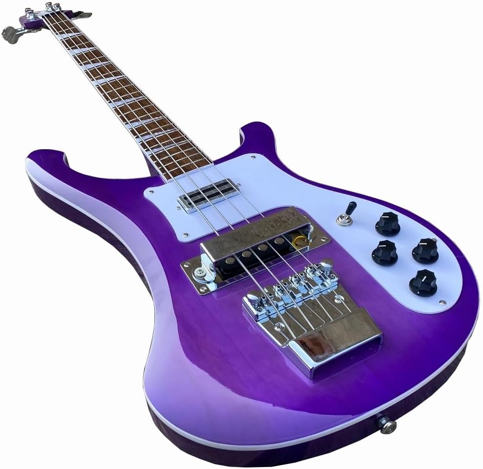 4-String Electric Bass Guitar-Purple Gloss Finish with White Pickguard - Rosewood Fingerboard, Basswood Body
