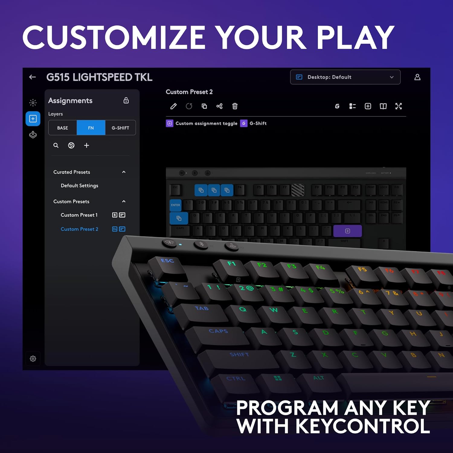 Logitech G515 Lightspeed TKL Low Profile Wireless Gaming Keyboard, LIGHTSYNC RGB, Thin Tenkeyless Design, Double-Shot PBT Keycaps, Linear (Red) Mechanical Switches - Black