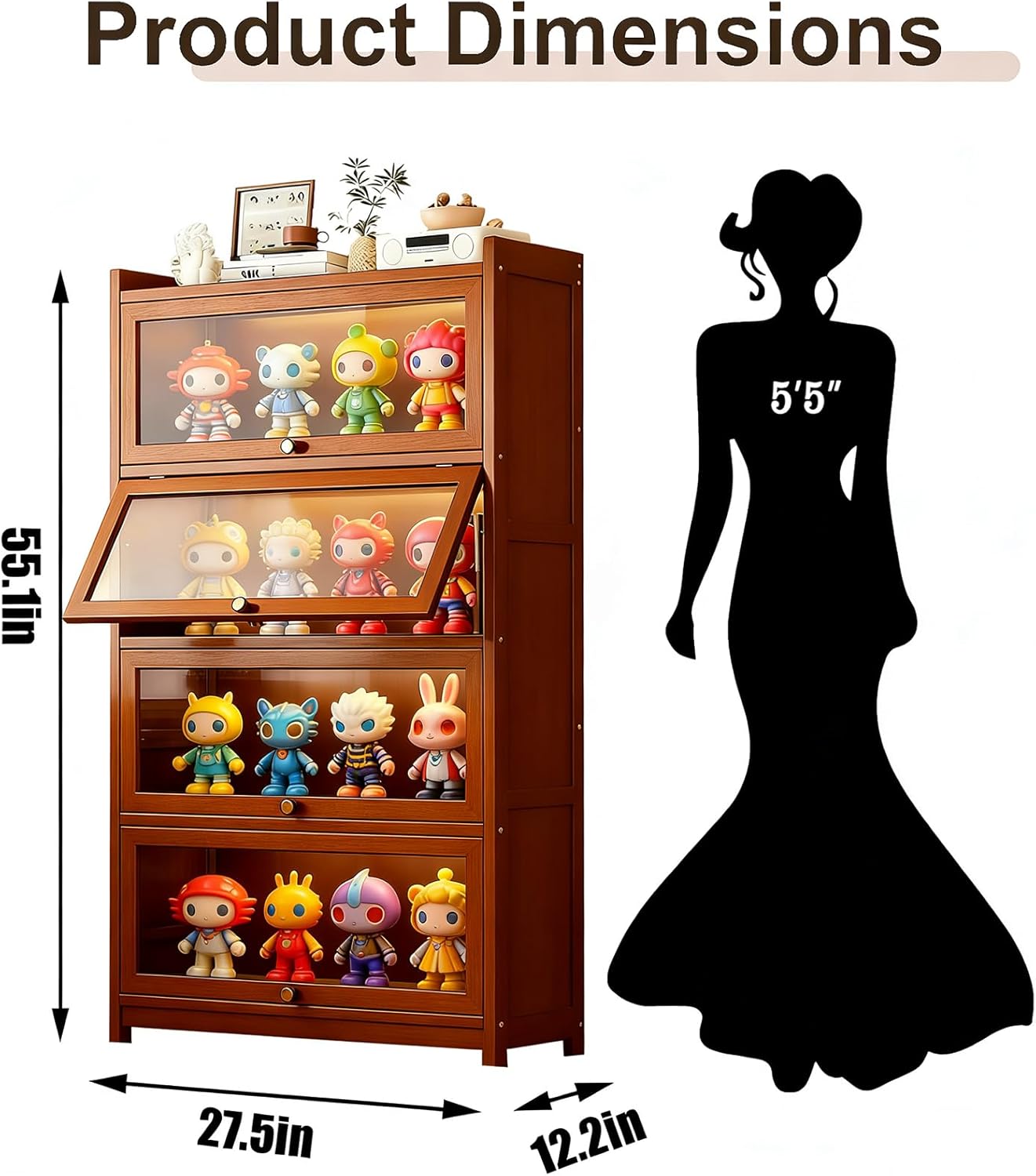 Bamboo Bookshelf with Acrylic Doors, 4-Tier Tall Bookcase with Flip-Up Doors, Freestanding Display Cabinet for Living Room/Study, Brown