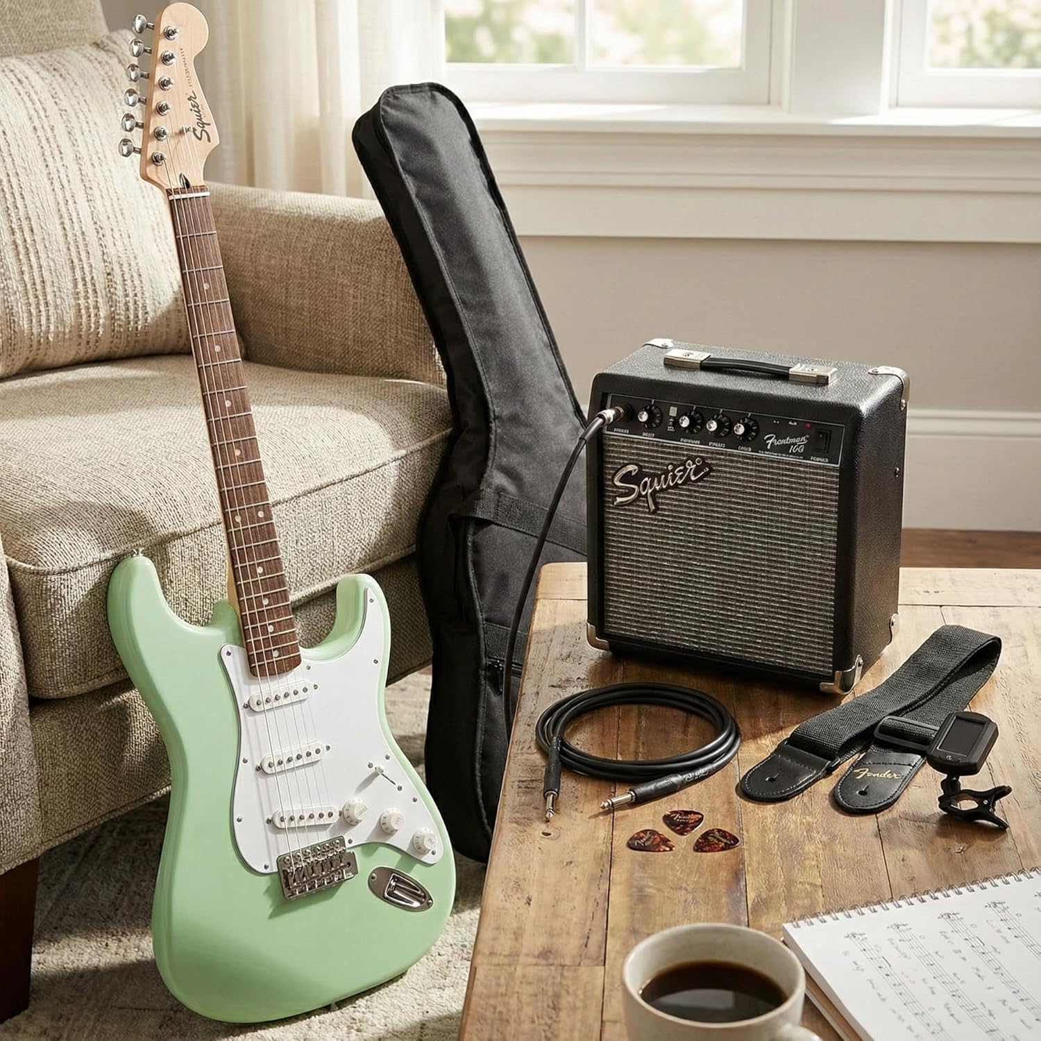 Fender Squier Sonic Stratocaster - Surf Green Bundle with Frontman 10g Amp, Gig Bag, Cable, Strap, Tuner, Picks, and Austin Bazaar Guitar DVD