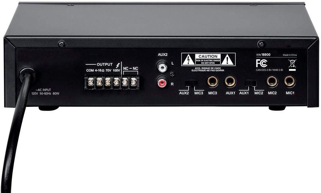 Monoprice Commercial Audio 3 Channel 60 Watt 100/70V Mixer Amp - Three Mic Inputs, Bass, Treble, and Volume Controls, Black