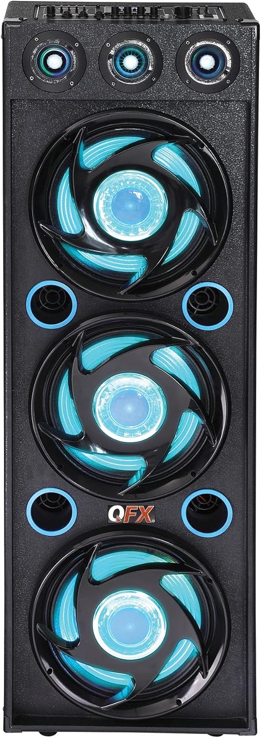 QFX SBX-412300BT TWS Bluetooth Triple 12” Woofer Triple 1” Tweeter Recording High-Performance PA Cabinet Speaker with 10-Band Graphic EQ, 2 Microphone Inputs, Guitar Input, and AUX Input, Blue