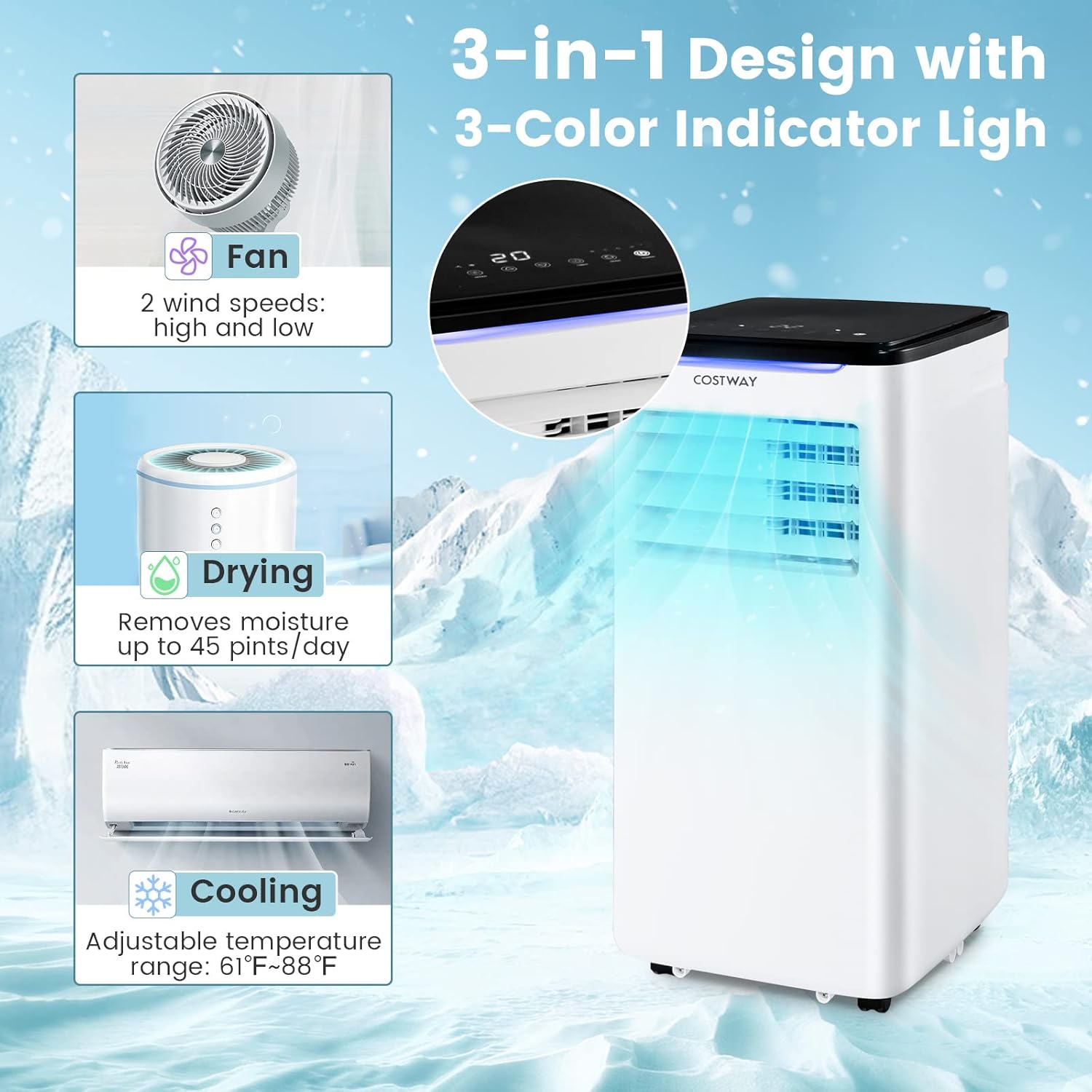 COSTWAY Portable Air Conditioners, 8000 BTU Portable AC Unit for Rooms up to 300 Sq.Ft with Cool, Fan, Dry & Sleep Mode, Timer, Remote Control & Window Vent Kit, 3-in-1 Portable AC for Bedroom, Office