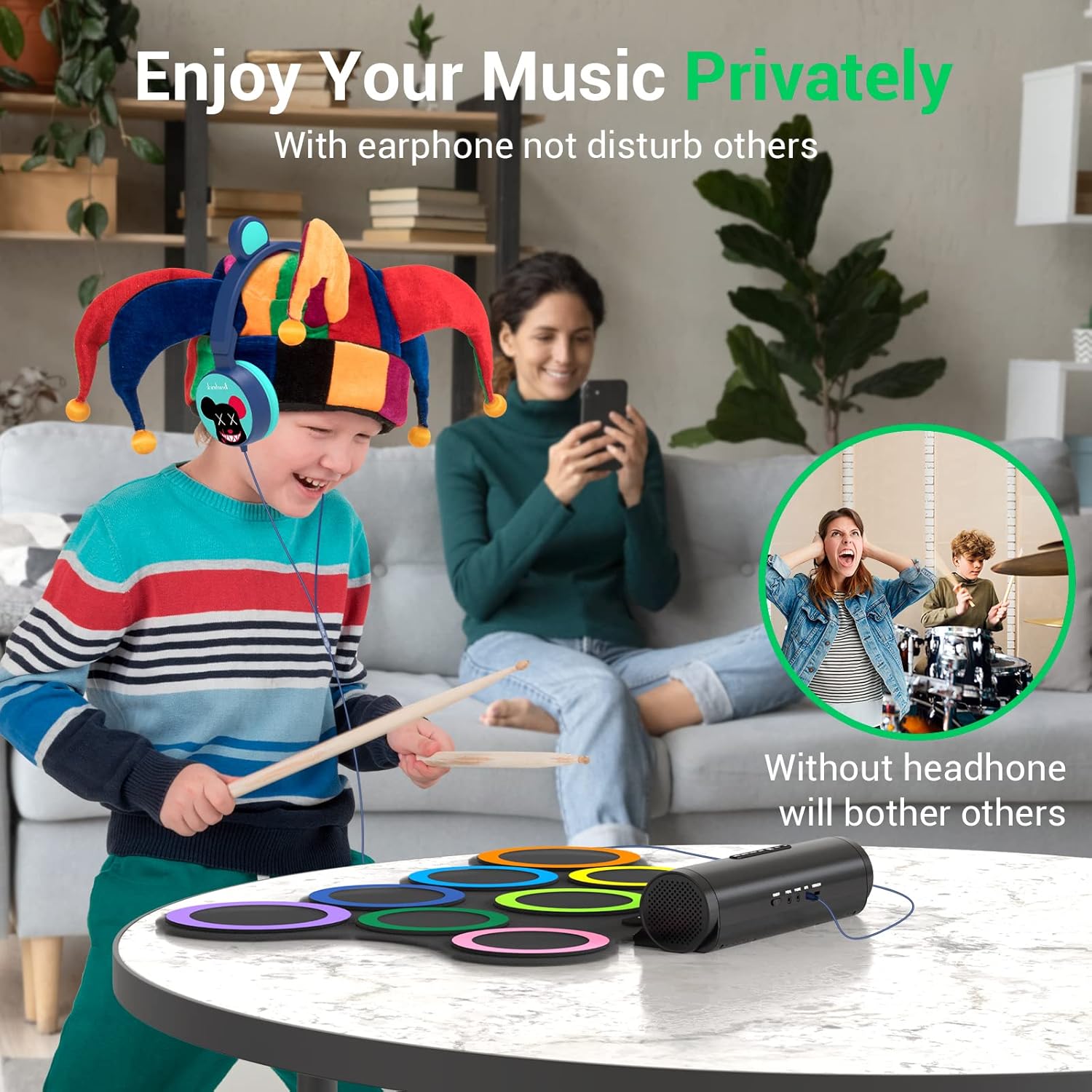 ROCKSOCKI Electric Drum Set 9-Pad With Headphone, Bigger Roll-up Drum Pad USB MIDI Game, Built-in Speaker, Drum Sticks, Foot Pedals 10 Hours Playtime Holiday Xmas Birthday Gift for Kids