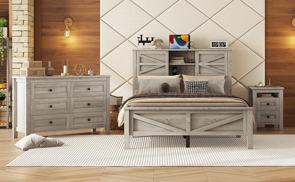 3-Pieces Bedroom Sets Full Size Farmhouse Platform Bed with Storage Headboard and Charging Station, Dresser and Nightstand Sets 3 Piece Antique Gray (Product F)