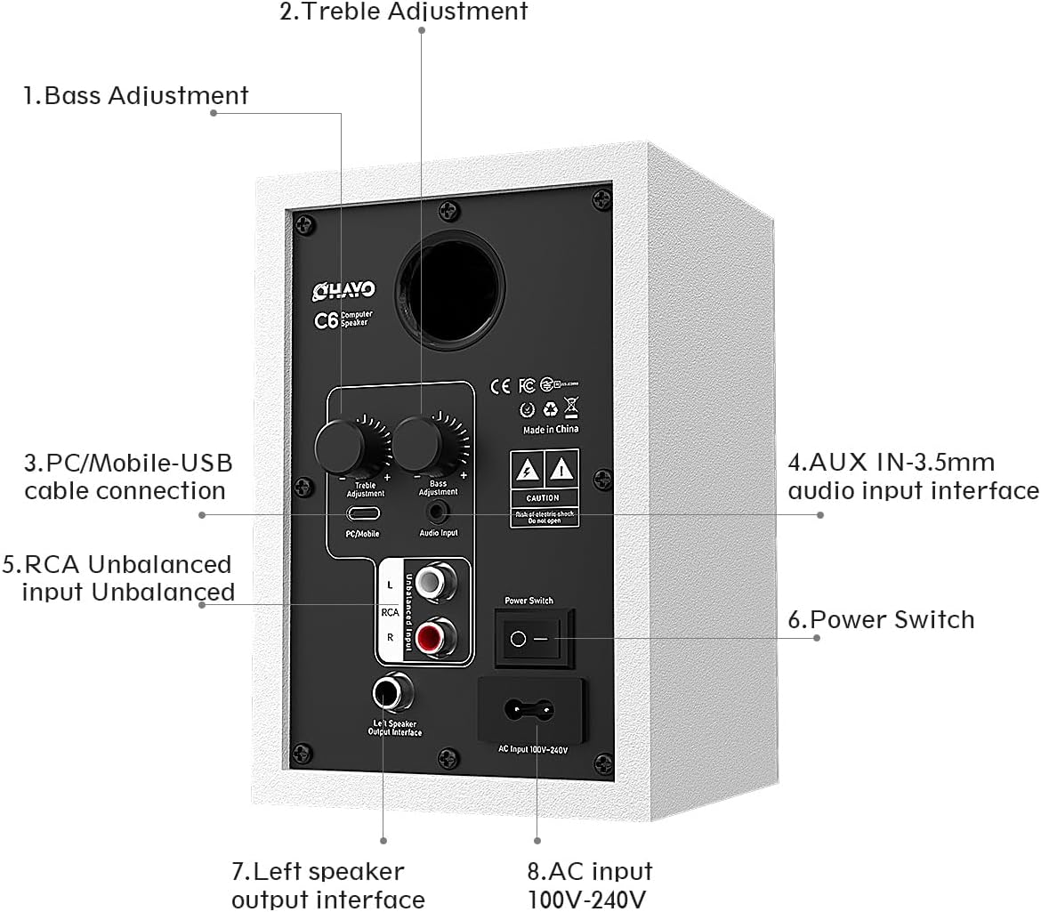 OHAYO 60W Computer Speakers for Gaming and Music, Active Bluetooth 5.3, Stereo 2.0 Speakers for Desktop PC Monitor or Laptop, Surround Sound Speaker, 3.5 mm Aux RCA Input, USB-Powered, 1 Pair, White