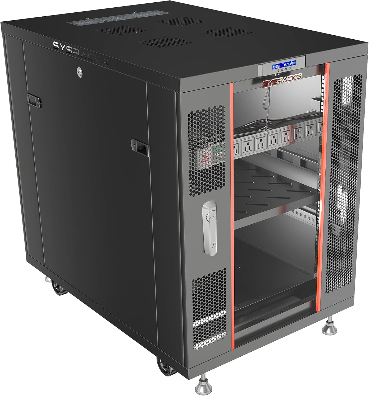 Sysracks 22U Server Cabinet 39-inch deep Server Rack Locking Network Cabinet with Thermocontroller, LCD-Screen, 4 Fans, Power Strip, Shelf, Wheels, Dust-Tight Cable Entries and Other Accessories
