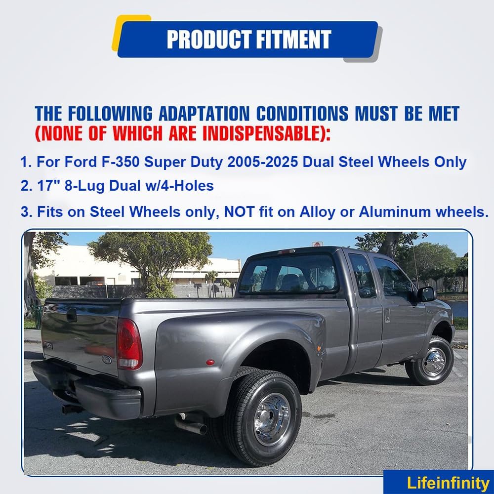 4pcs 17 inches Polished Dually Wheel Simulators, Bolt On 304L Stainless Steel Wheel Cover, Screw on 8 Lug 4 Hand Hole Hubcaps Fit for 2005-2024 Ford F350 2WD/4WD w/Tool Kit 708A