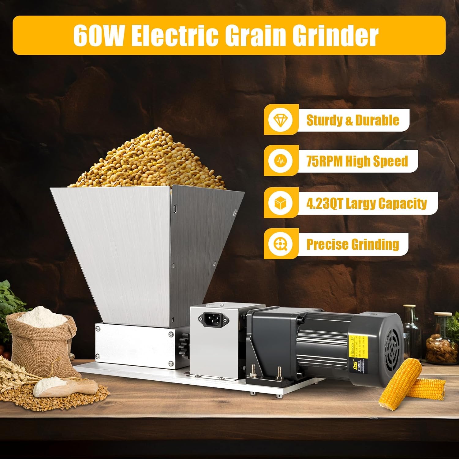 Grain Electric Grinder Mill, 110V 60W Grain Mill Malt Crusher for Rice Corn Coffee, Wheat Feed Multifunctional Milling Machine Stainless Steel Roller 4 Hoppers