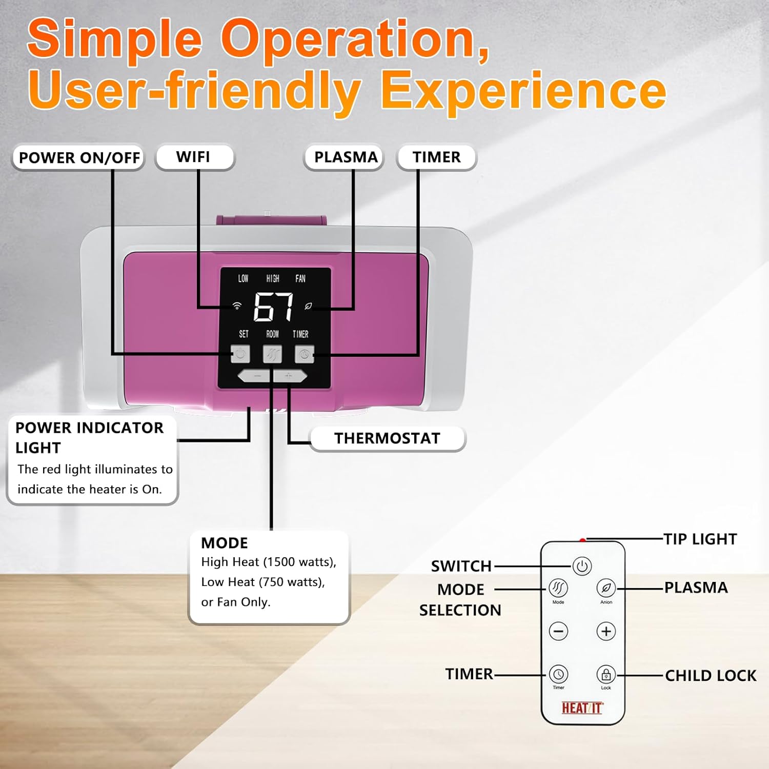 HEATIT Space Heater with Remote for Indoor, Digital Display with Thermostat,Containing Plasma & Ozone, 1-12H Timer, 1500W/750W,Electric Space Heater for Office, Bedroom,Pink,10.6