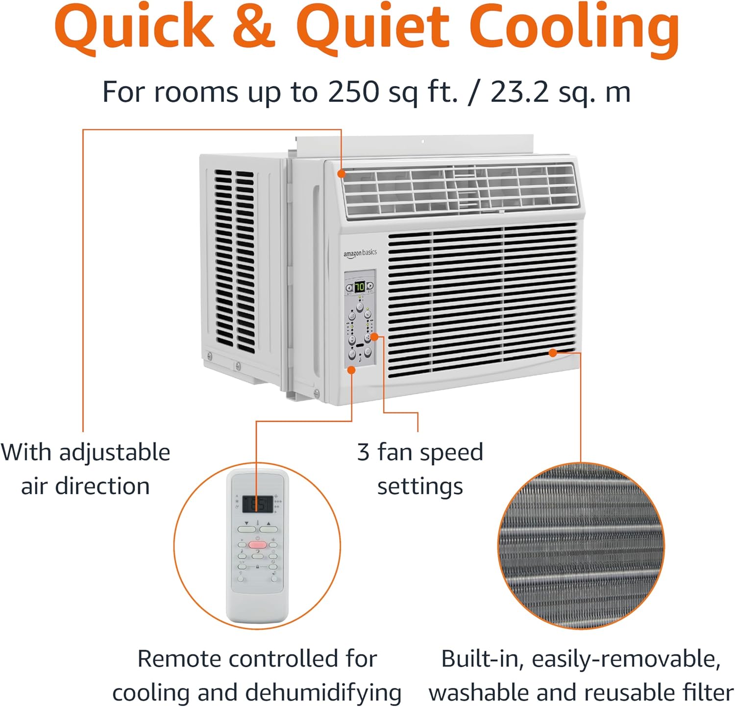 Amazon Basics 6000-BTU Window Air Conditioner, Up to 250 Sqf, Window AC Units with Cool and Fan Functions, Washable Filter, Adjustable Window Kit, Digital Temperature Display, Remote Control, White