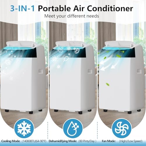 14,000 BTU Portable Air Conditioner, 3-in-1 Mobile AC Unit with Remote Control, Ultra-Quiet 42dB Operation, Covers 750 Sq.Ft, 24/7 Timer, Window Installation Kits for Home/Office/RV Use, White Top