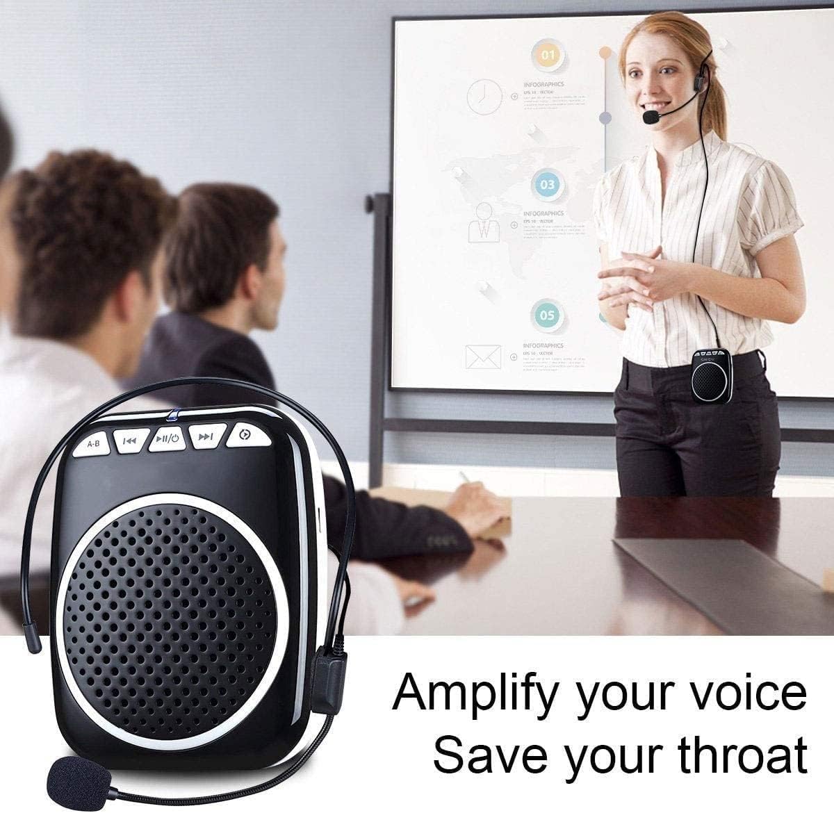 Voice Amplifier, Portable Mini Voice Amplifier with Wired Microphone Headset and Waistband, Supports MP3 Format Audio for Teachers, Singing, Coaches, Training, Presentation, Tour Guide (Black)