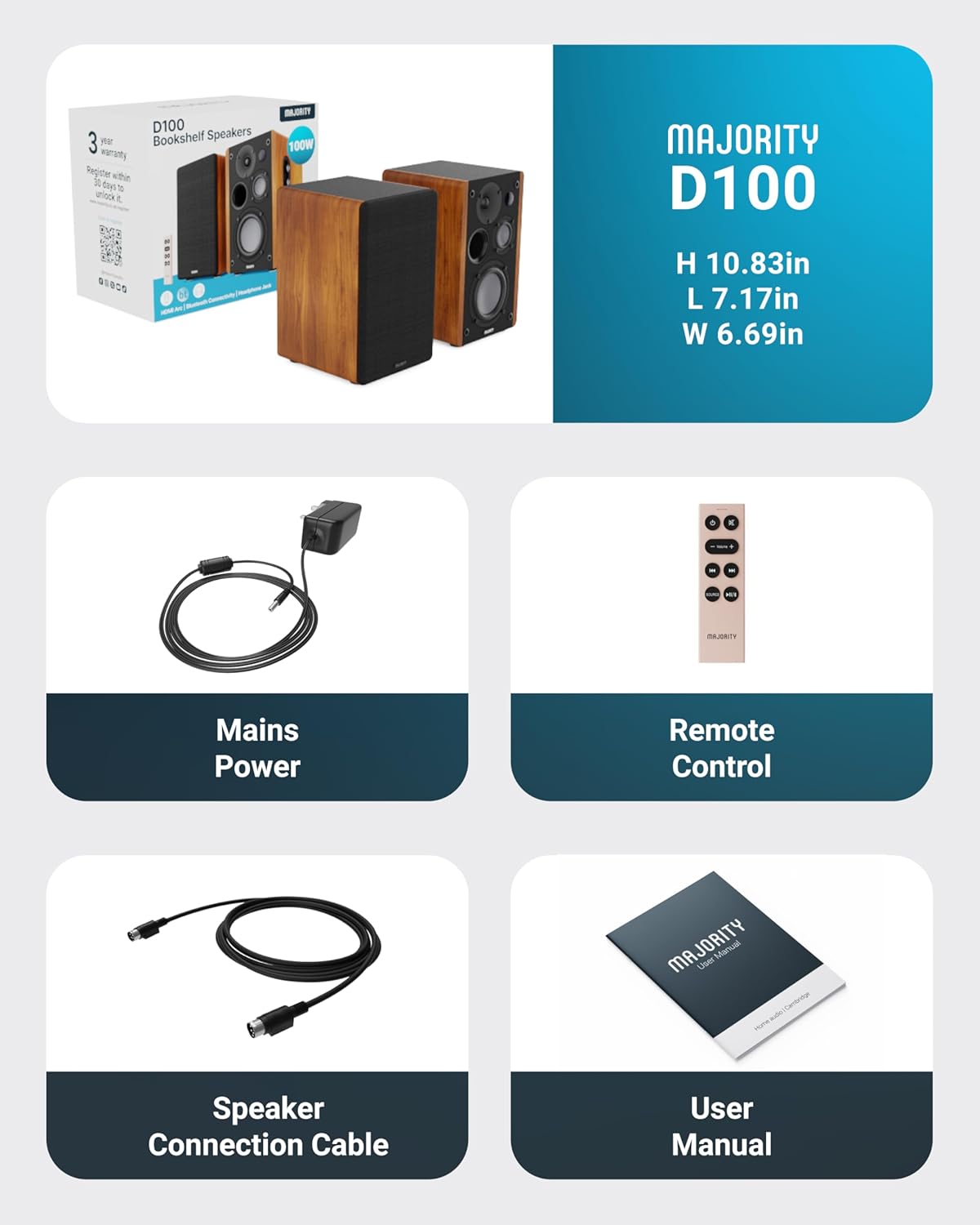 Majority Powered Bookshelf Speakers | 5.3 Bluetooth Stereo Speakers | 100W Active Bookshelf Speakers | Powered Studio Monitor Speakers with Xtra Bass & 3 Drivers D100