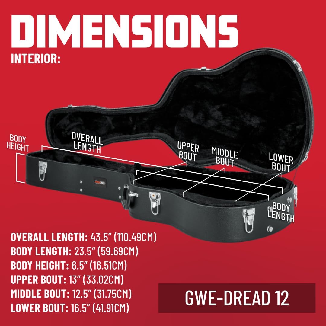 Gator Cases Traditonal Series Hard-Shell Wood Case for 6 or 12-String Dreadnought Style Acoustic Guitars, (GWE-DREAD 12)
