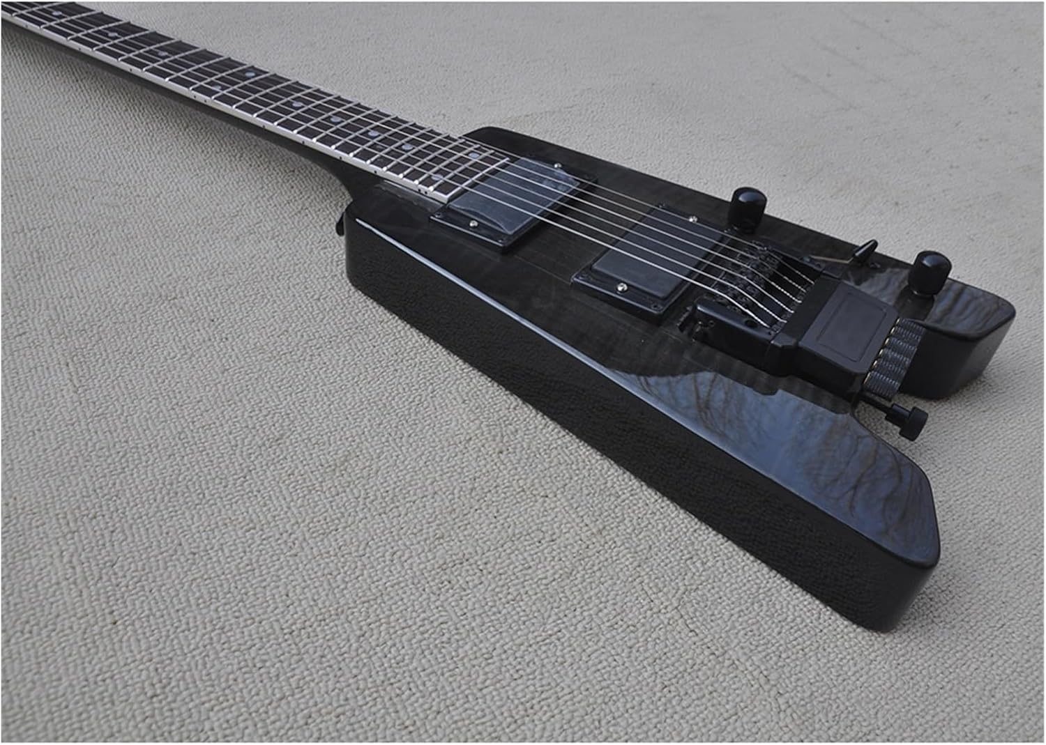 Black 39 Inches Headless Electric Guitar with Flame Maple Veneer 24 Frets Professional Headless Guitar