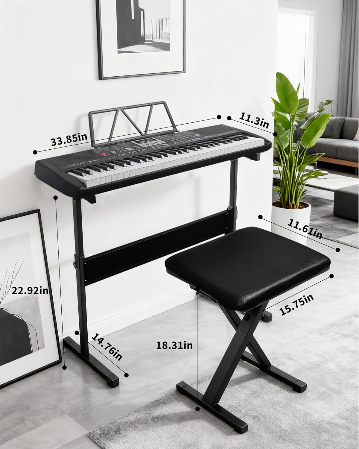61 Key Electronic Piano Keyboard for Beginners, 200 Tones & Rhythms, with H Stand, Stool, Headphones, Microphone, Piano Note Stickers