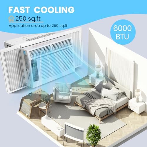 6000 BTU Window Air Conditioner, Cools Up to 250 Sq. Ft Window AC Units With Wi-Fi Enabled and Remote Control, Ultra Quiet, Energy Efficient Indoor Window AC With Reusable Filter for Bedroom