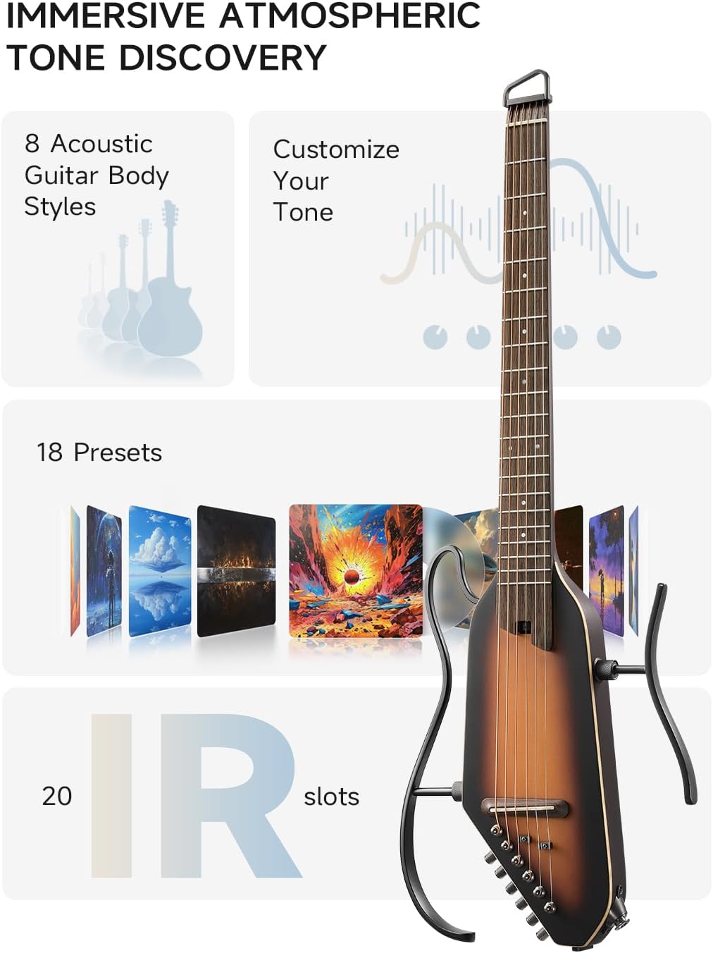 Donner Acoustic Electric Guitar HUSH I PRO Travel Guitar with Multiple Effect Modes Smart Guitarra Kit of Earphone, Gig Bag, Strap, Charging Cable, Sunburst